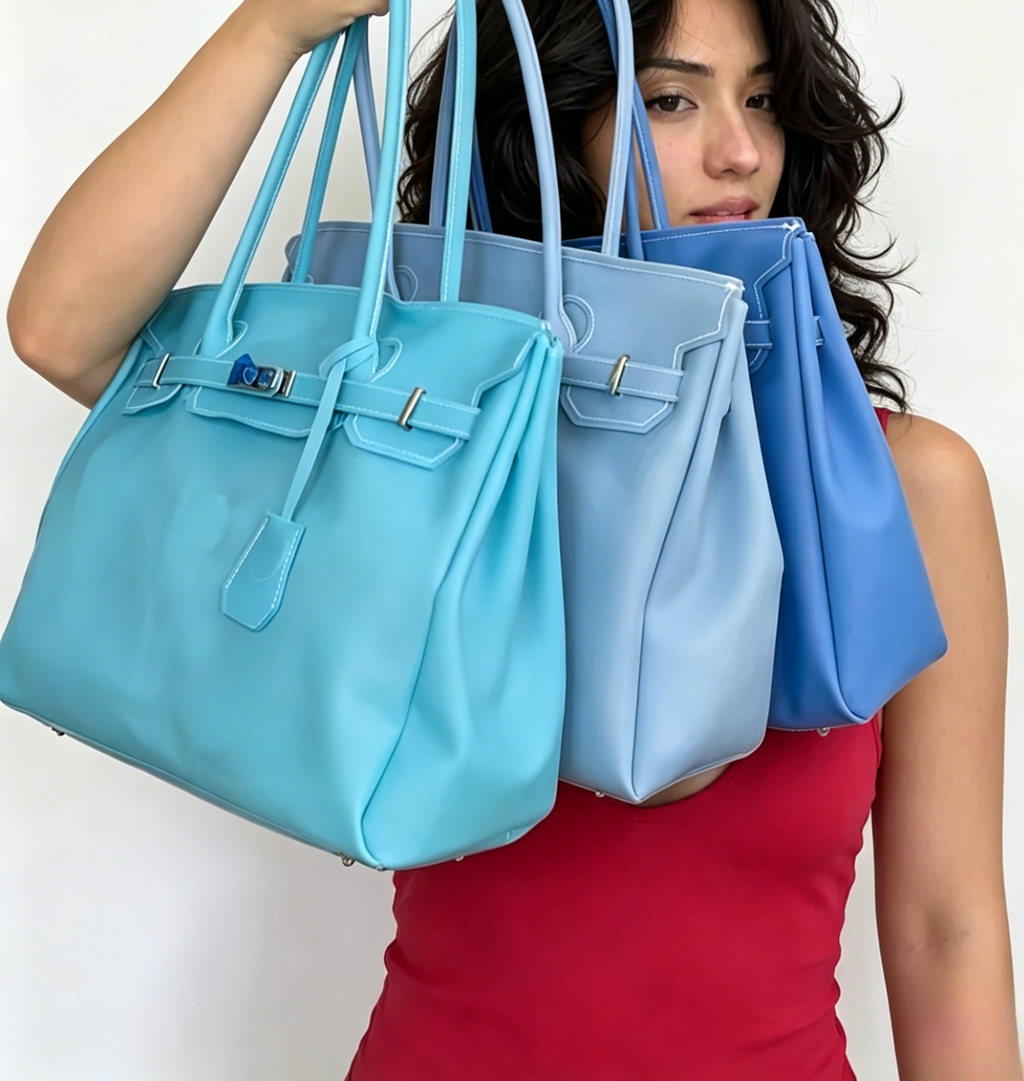 Jelly Firkin 40 Bag Classic Dusty Blue Teal and Baby Blue three-color comparison