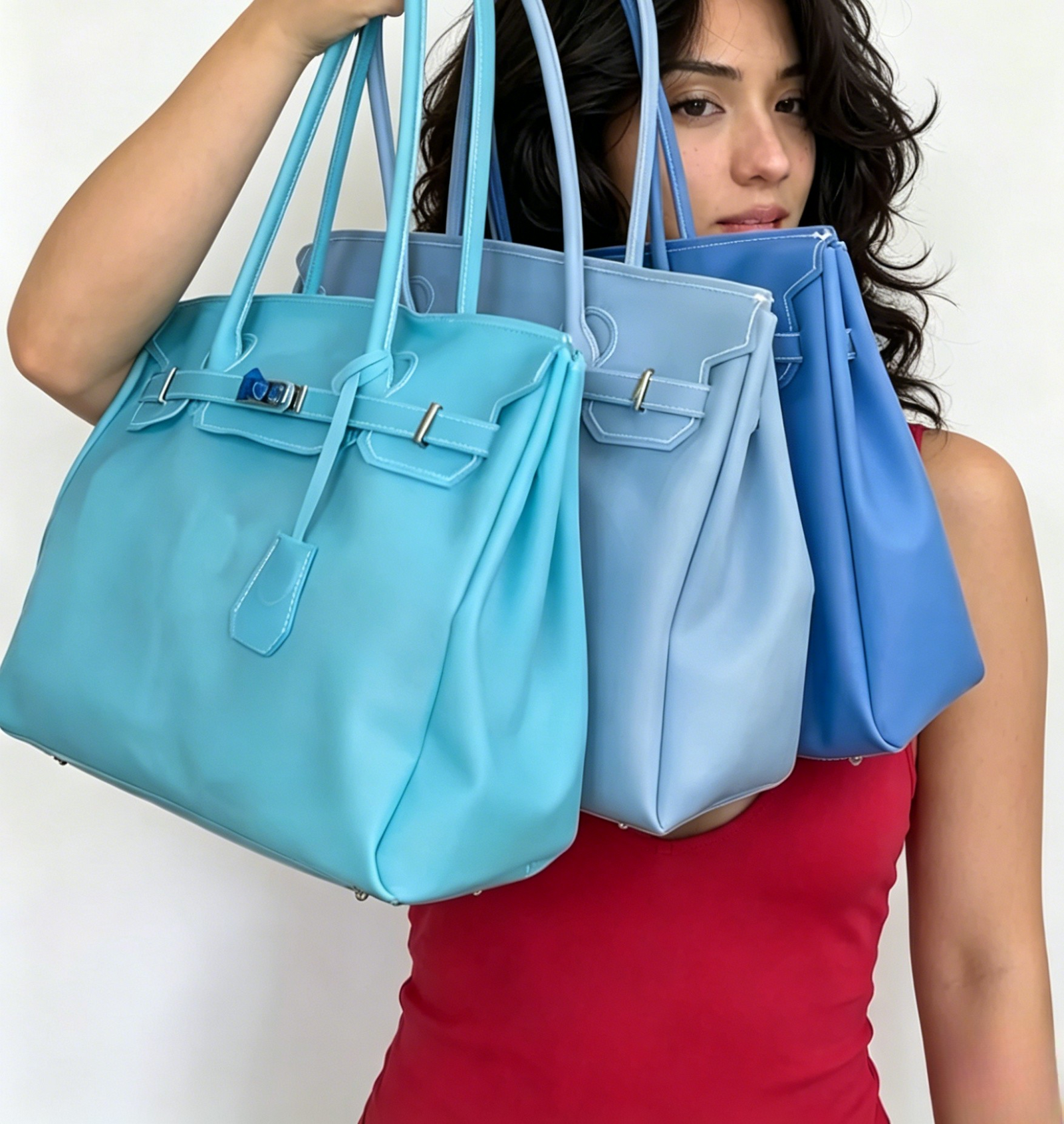 Jelly Firkin 40 Bag Classic Dusty Blue Teal and Baby Blue three-color comparison