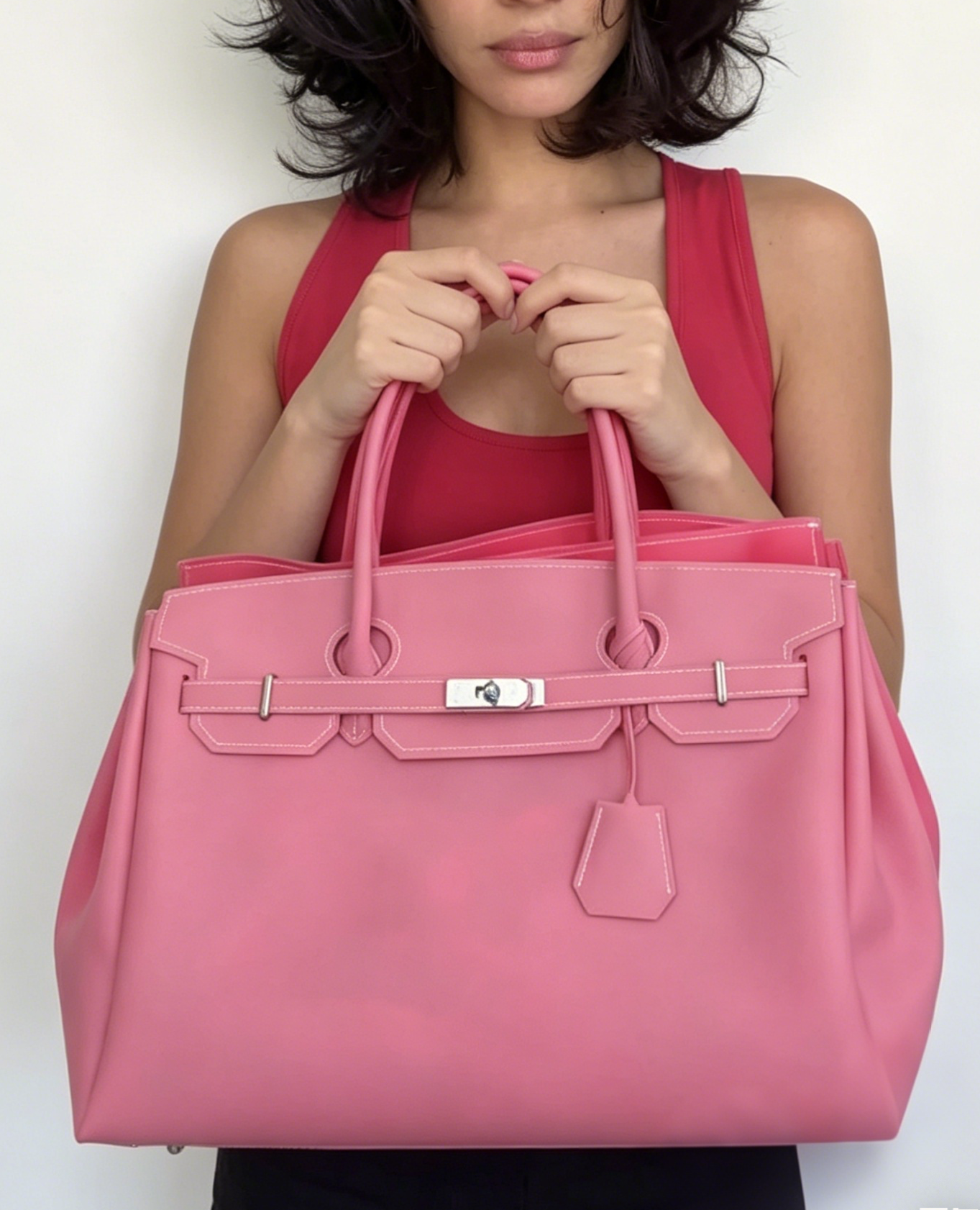 Jelly Firkin 40 Bag Classic Dusty Pink held by woman against white background
