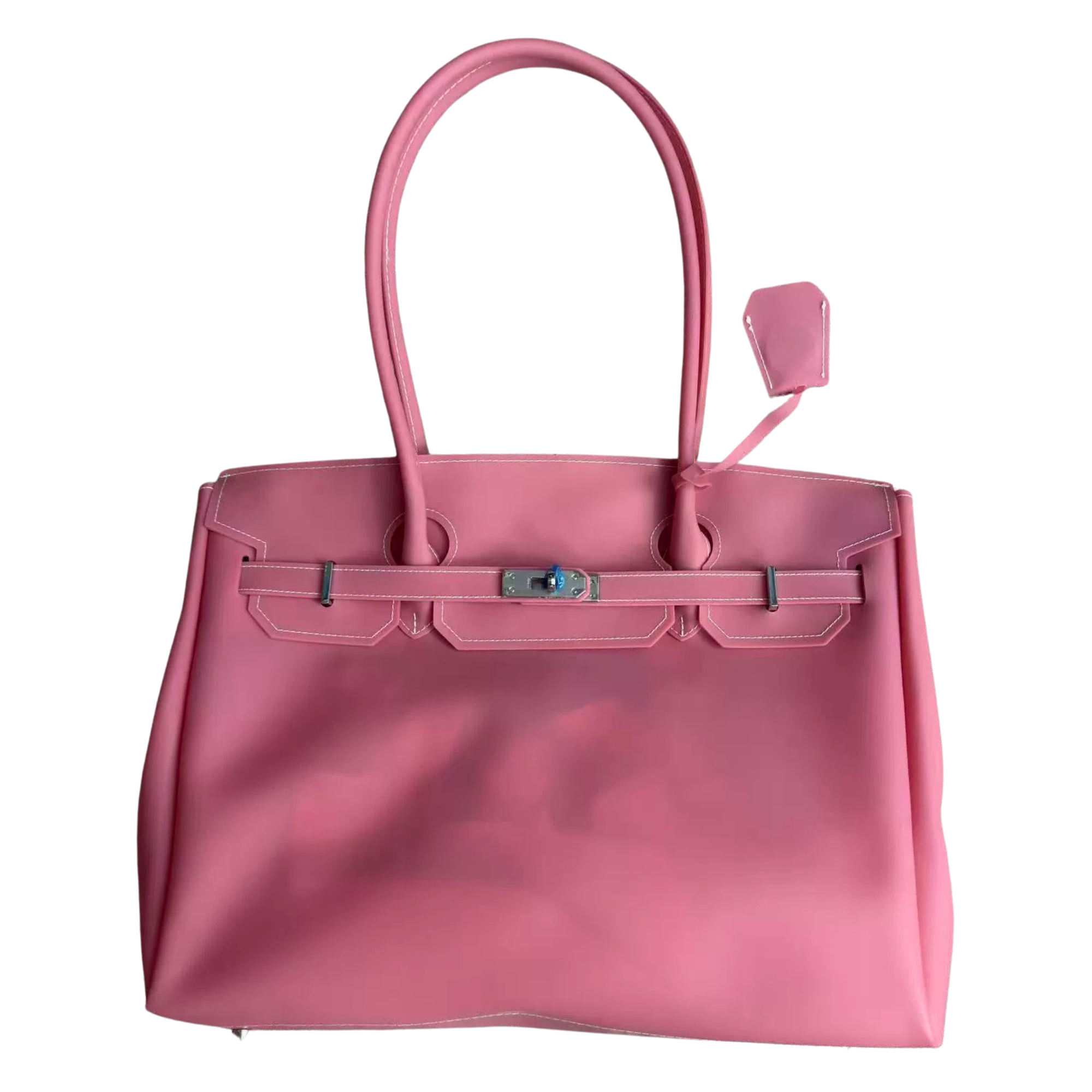 Pink handbag with a visible brand logo on a white background