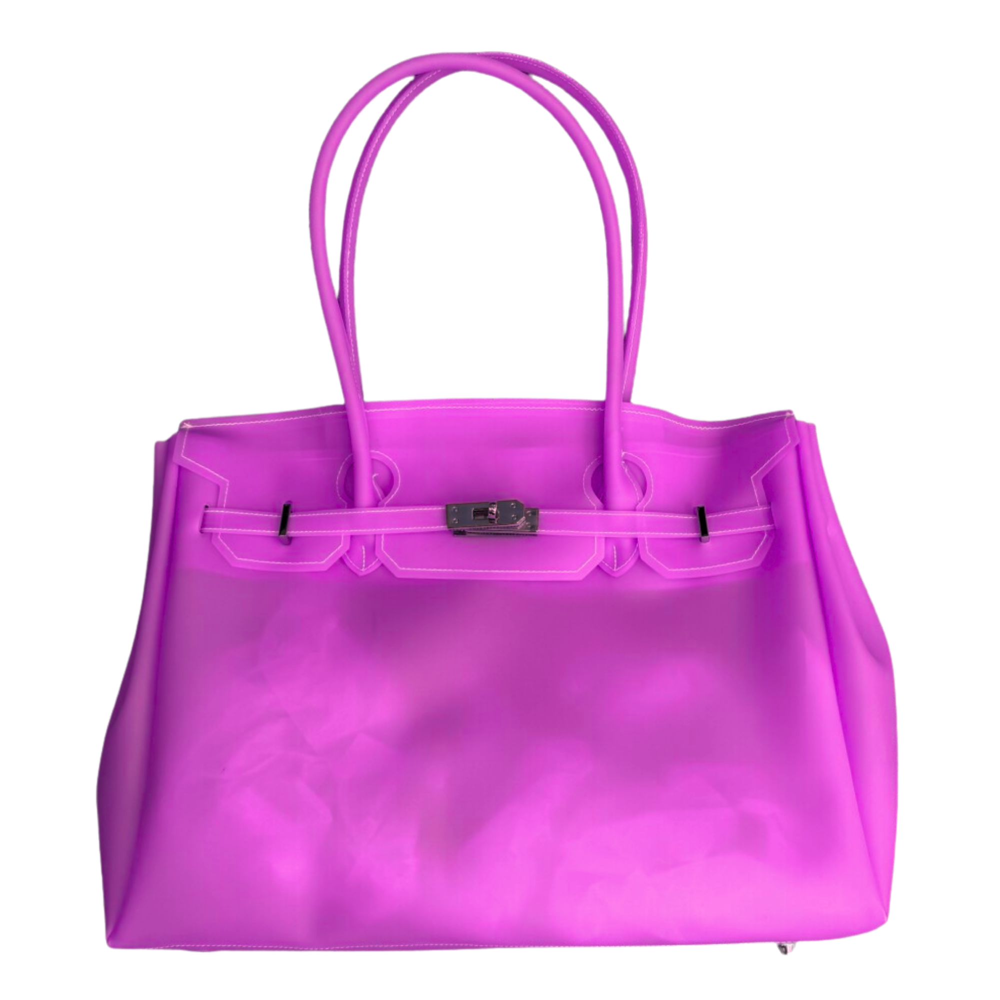 Purple handbag with a silver clasp on a white background