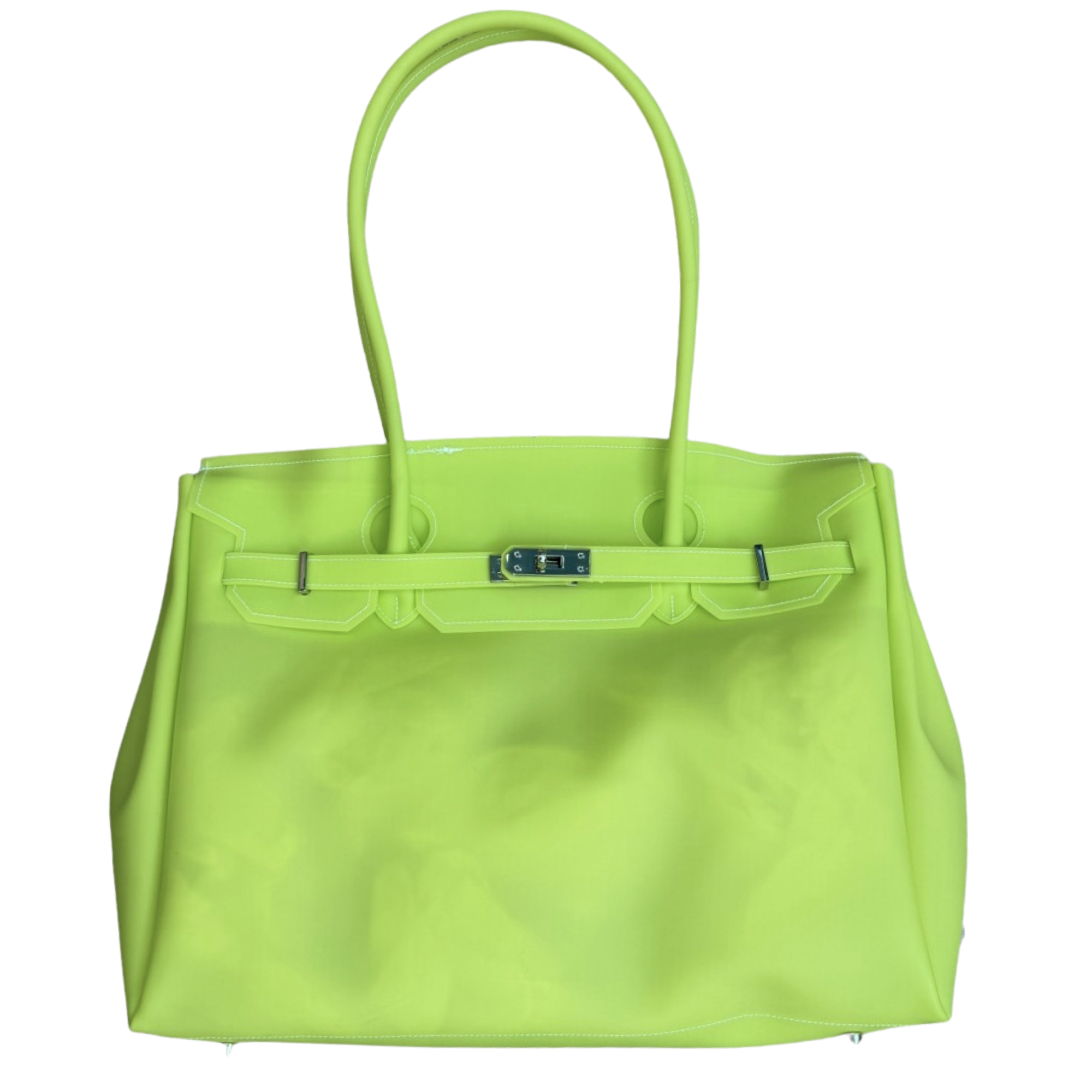 Neon green handbag with a silver clasp on a white background