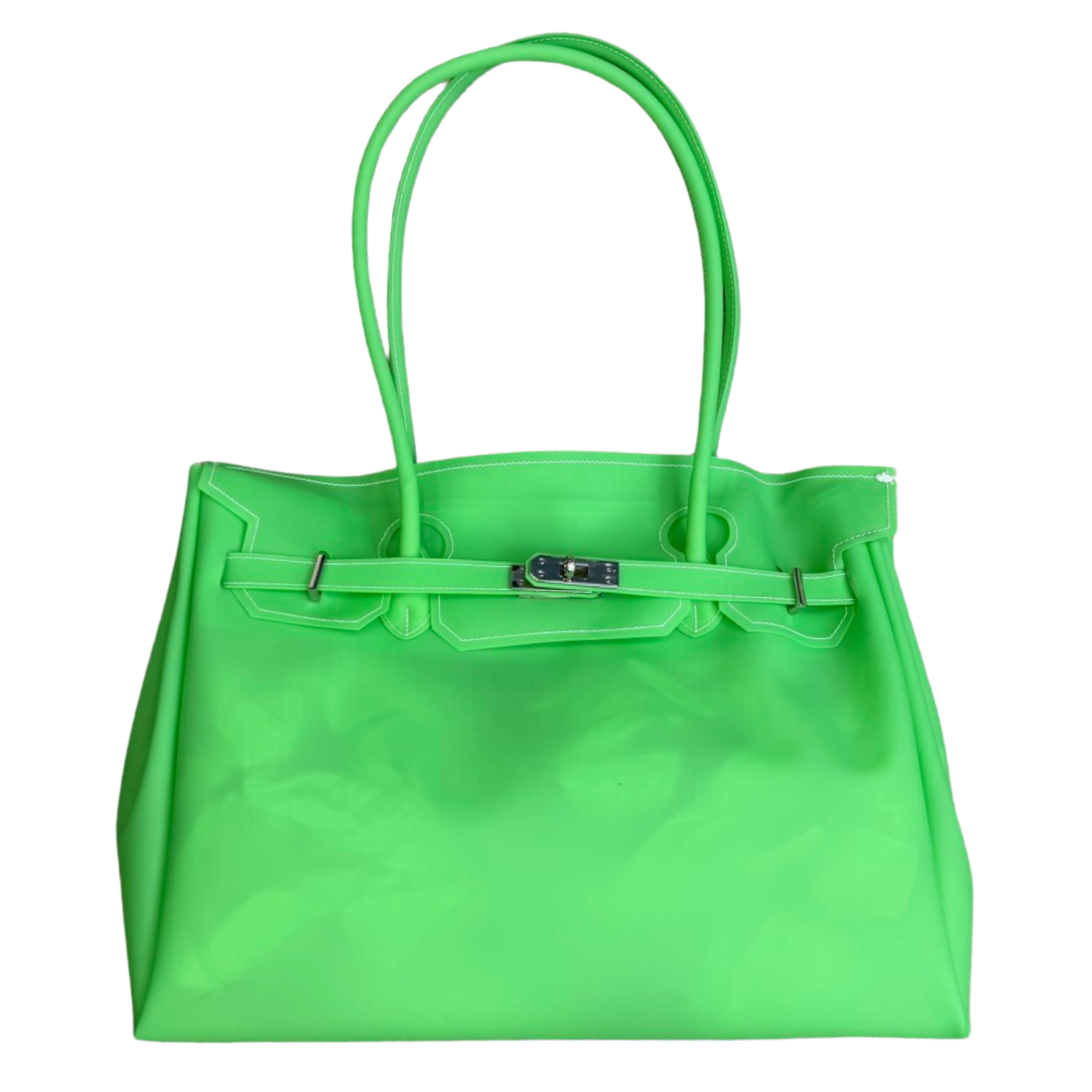 Green handbag with a silver clasp on a white background