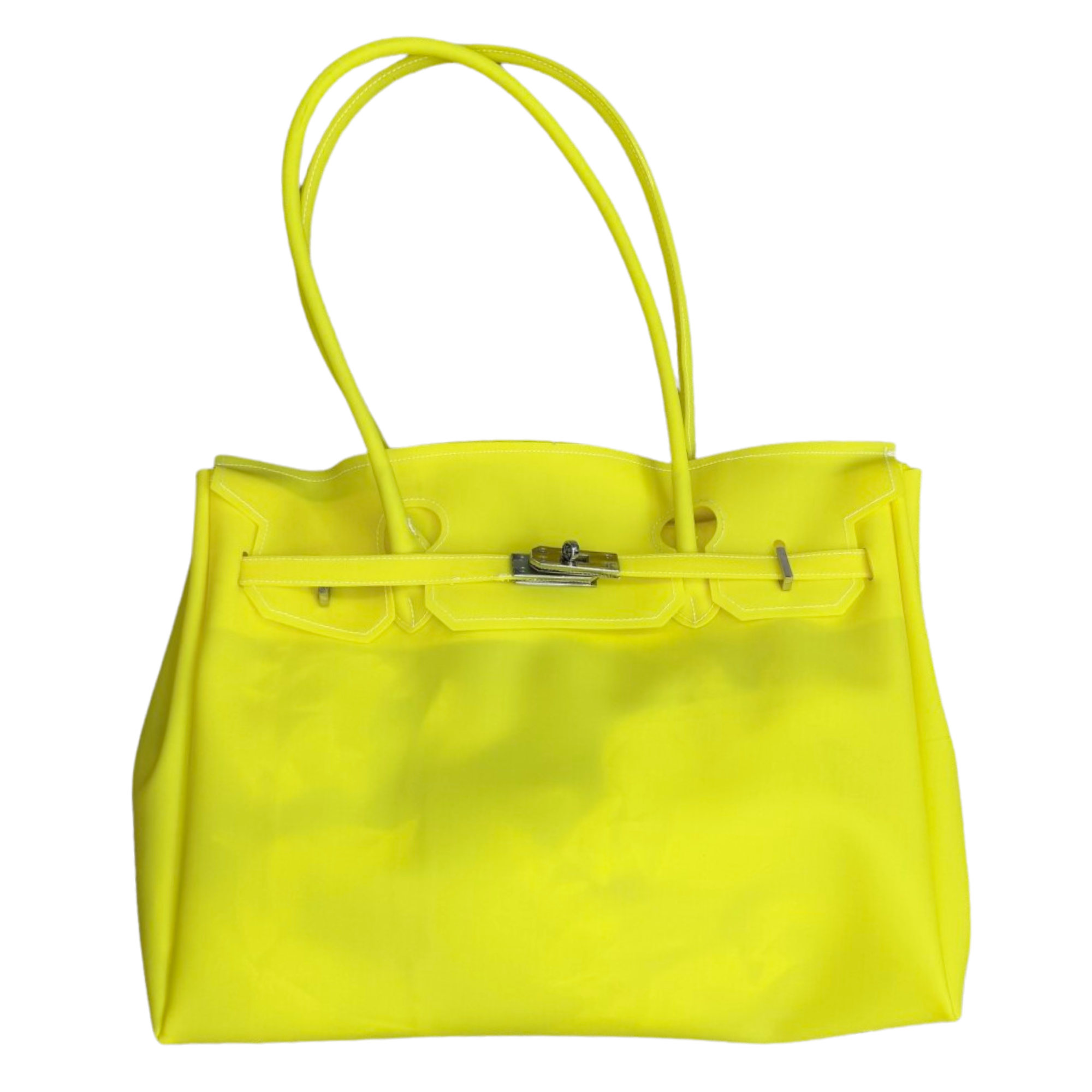 Neon yellow handbag with a silver clasp on a white background