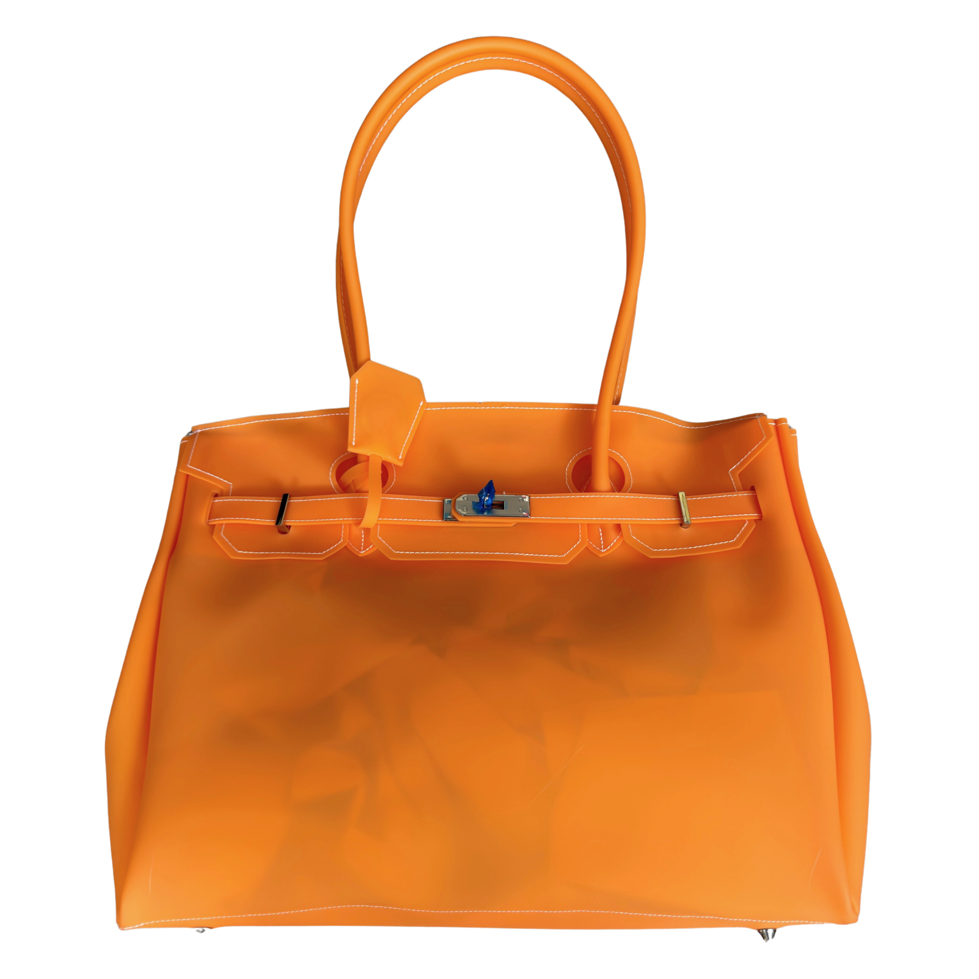 Orange handbag with a silver clasp on a white background