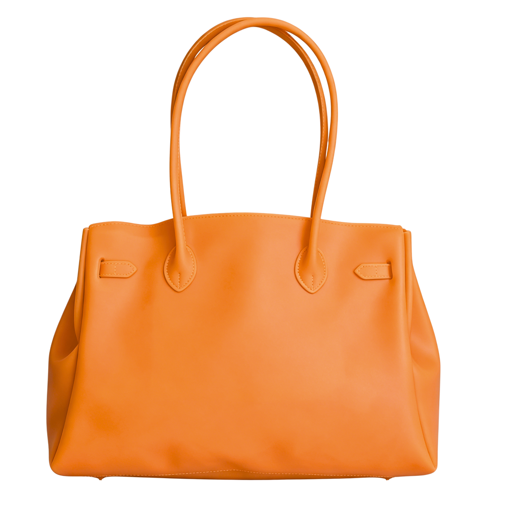 Orange handbag with handles on a white background