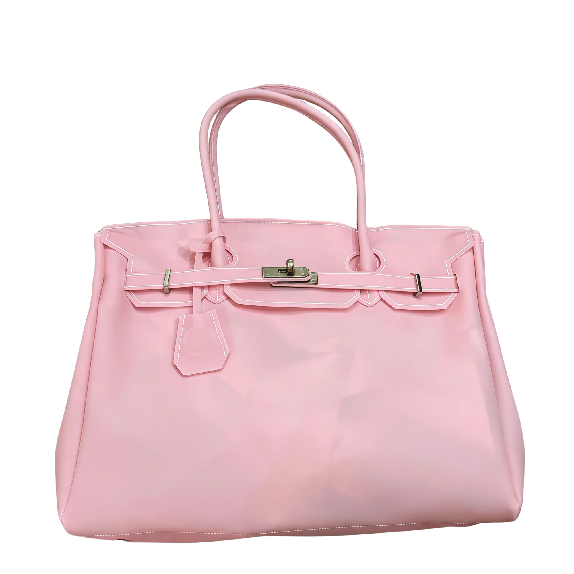 Pink handbag with a silver clasp on a white background