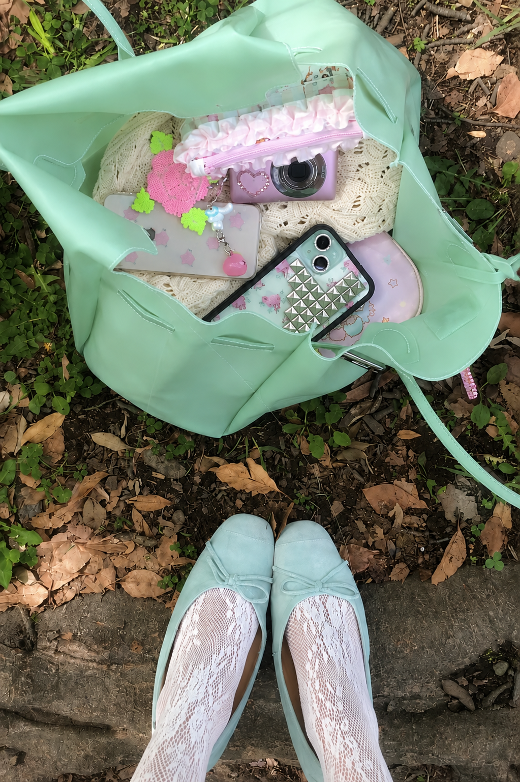 Jelly Firkin 40 Bag Classic Seafoam worn outdoors with shoes and camera on leafy ground