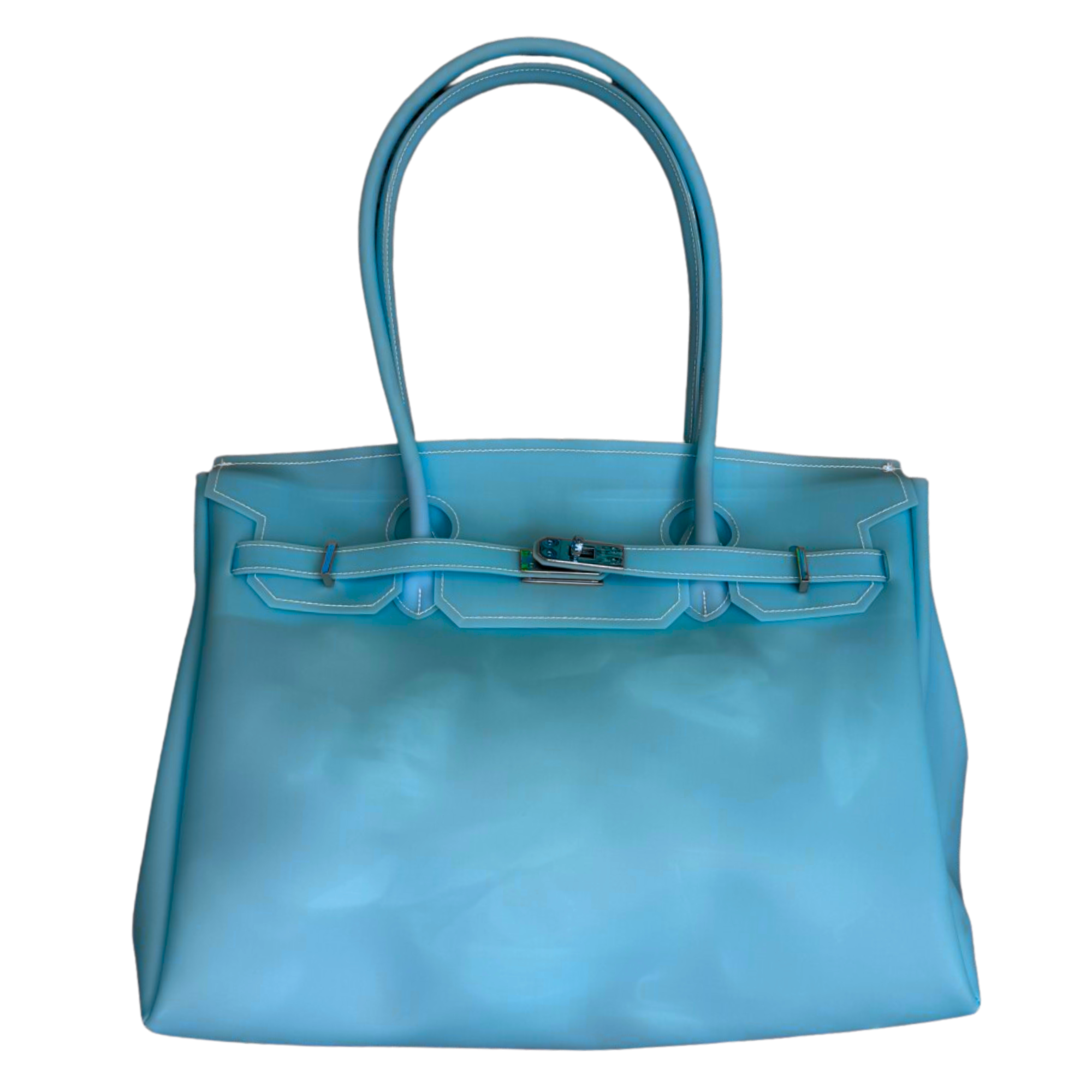 Blue handbag with a silver clasp on a white background