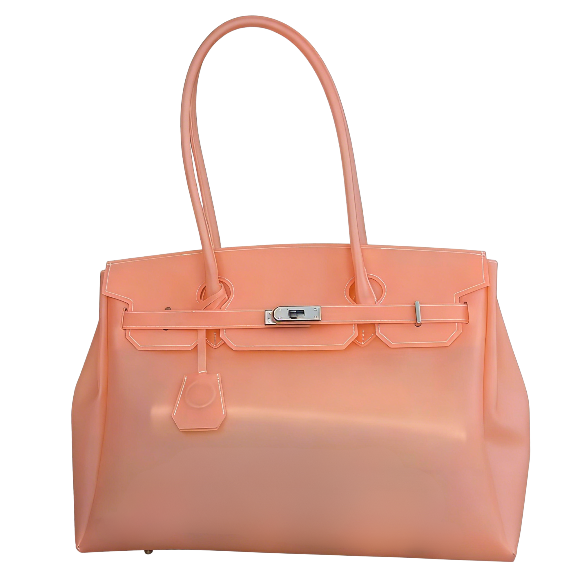 Coral handbag with a silver clasp on a white background