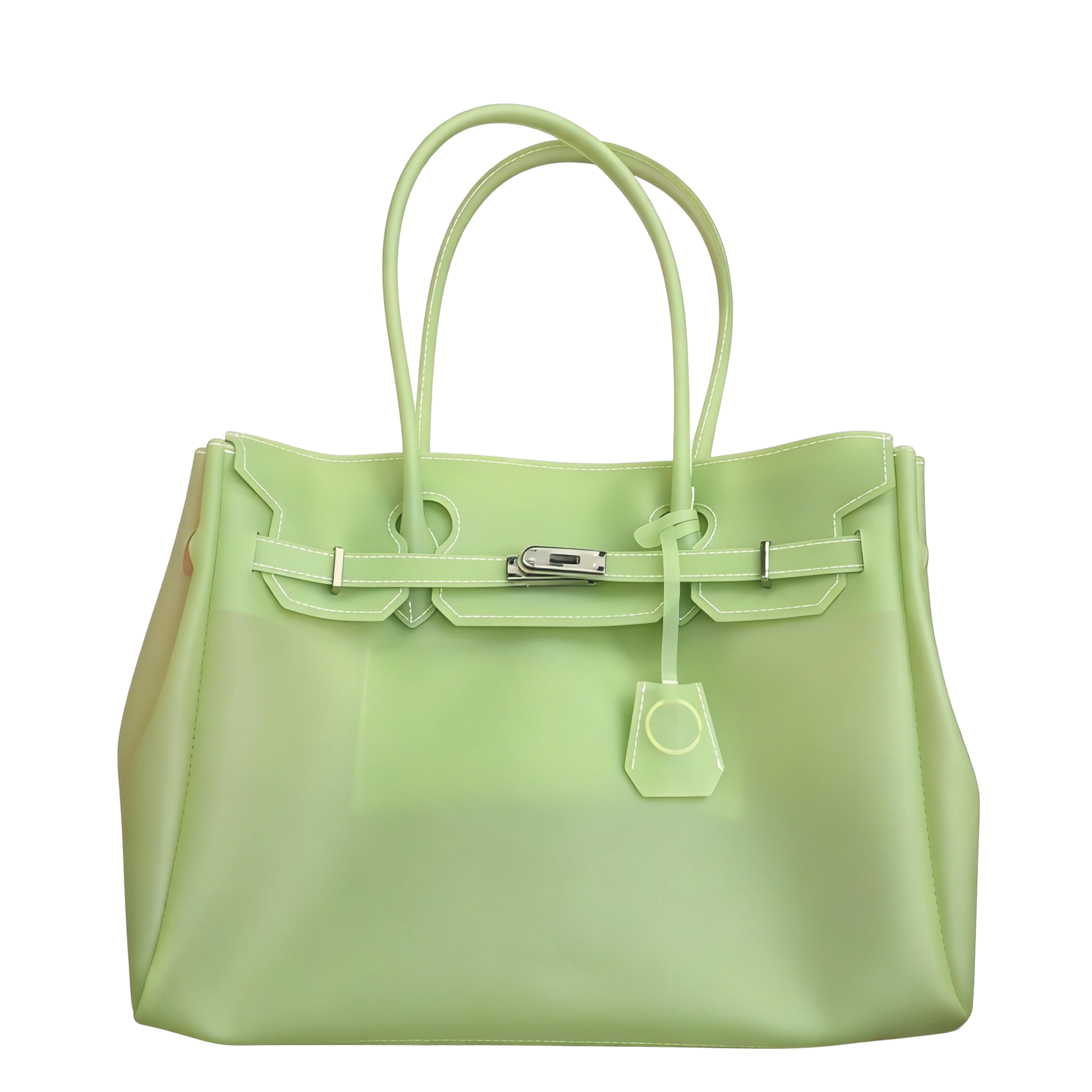 Green  handbag with a silver clasp on a white background