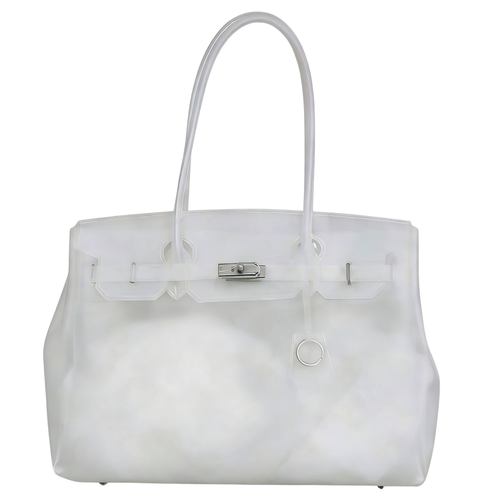 White handbag with a silver clasp on a white background