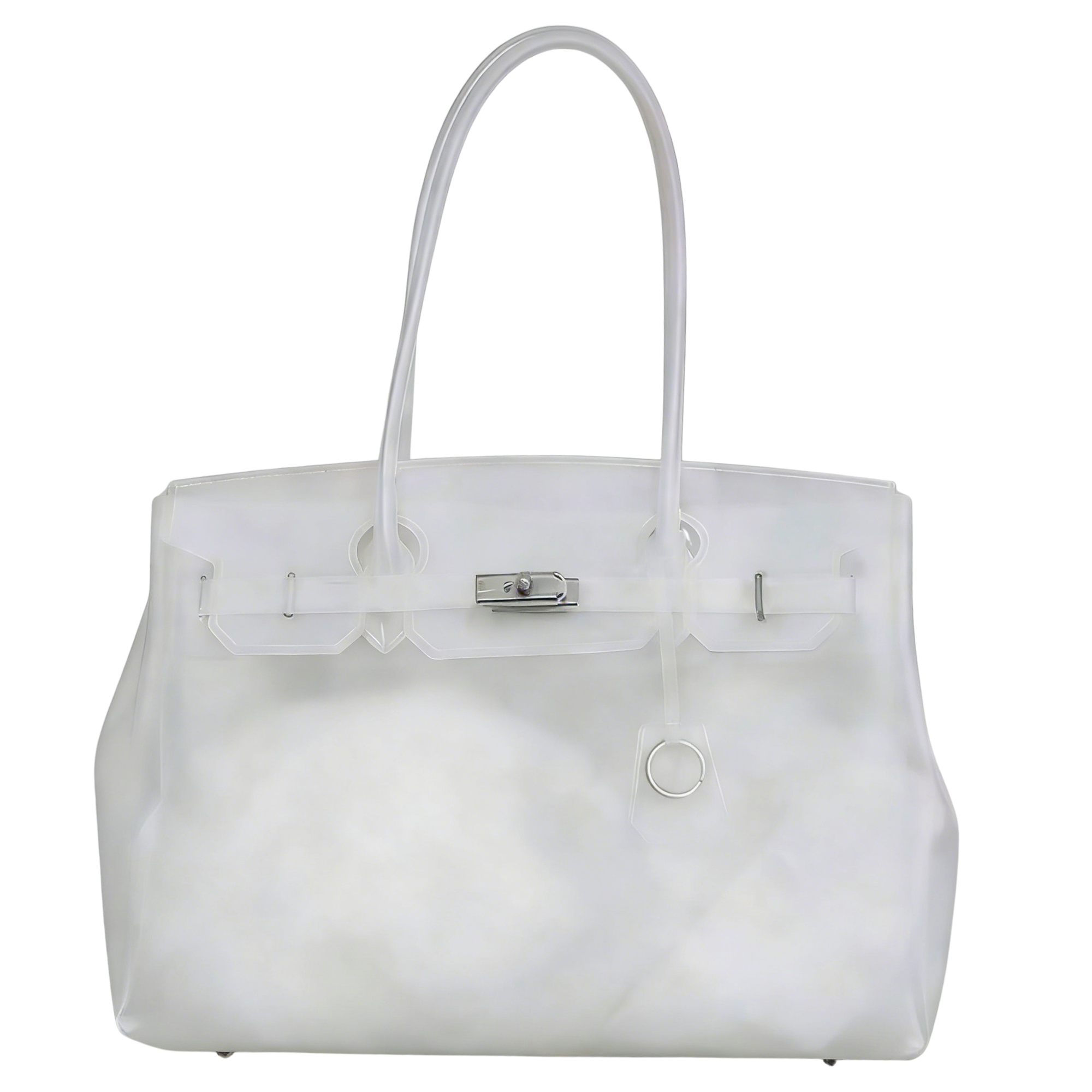 White handbag with a silver clasp on a white background