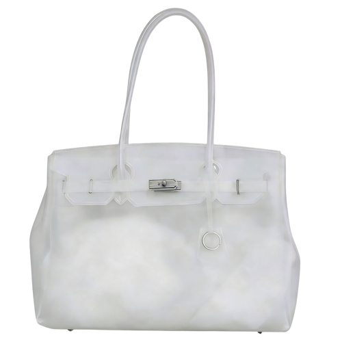 White handbag with a silver clasp on a white background
