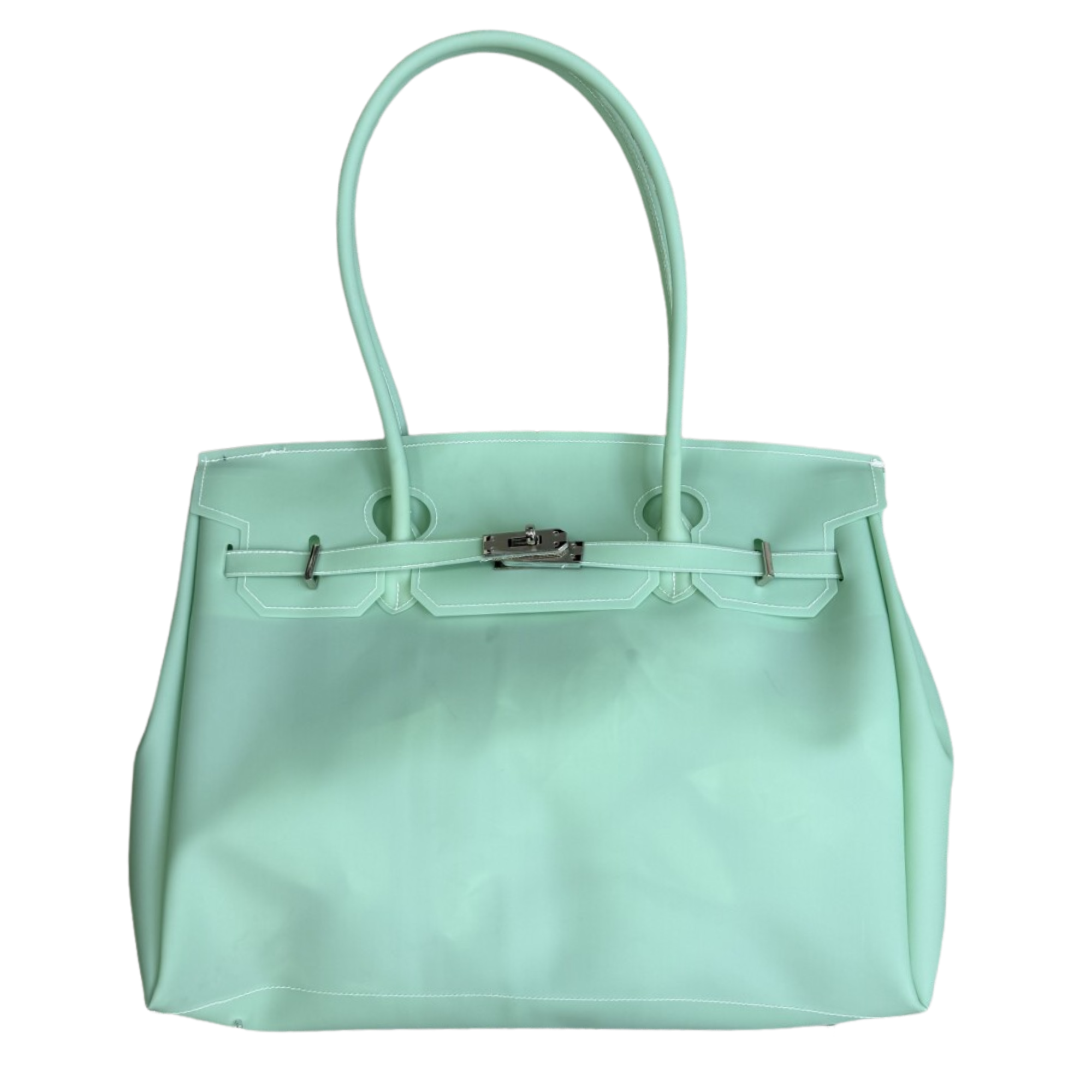 Mint green handbag with a silver clasp on a white background