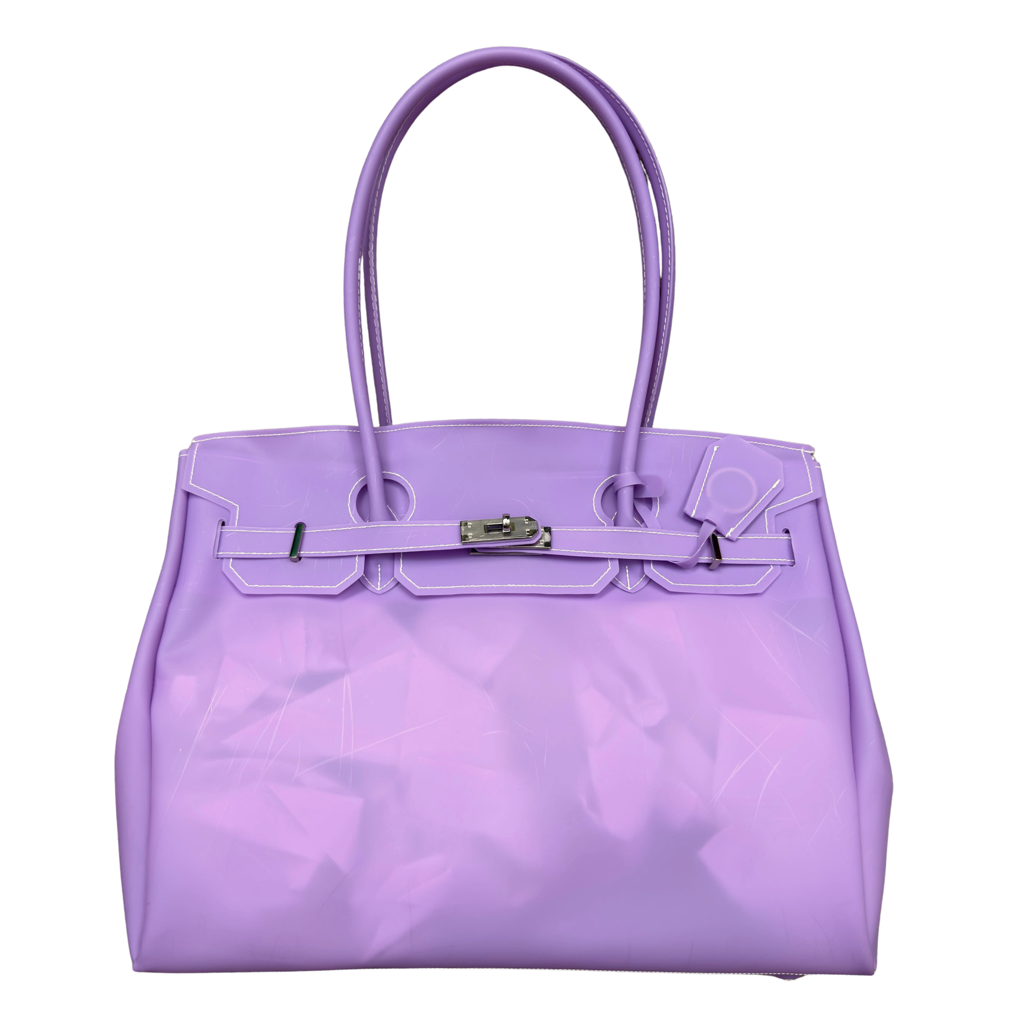 Purple handbag with a silver clasp on a white background