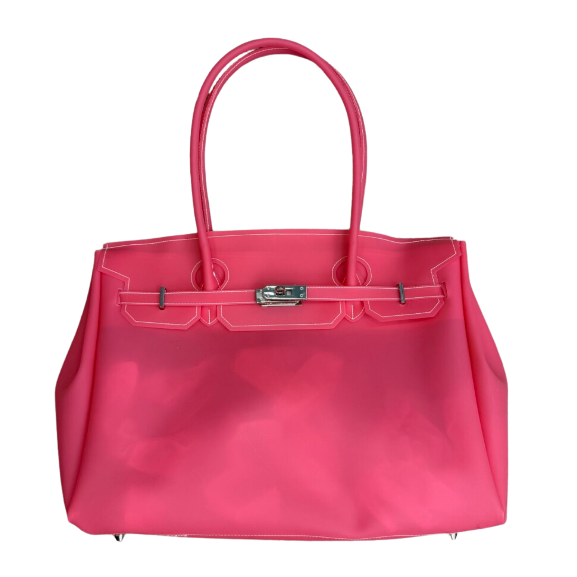 Pink handbag with a silver clasp on a white background