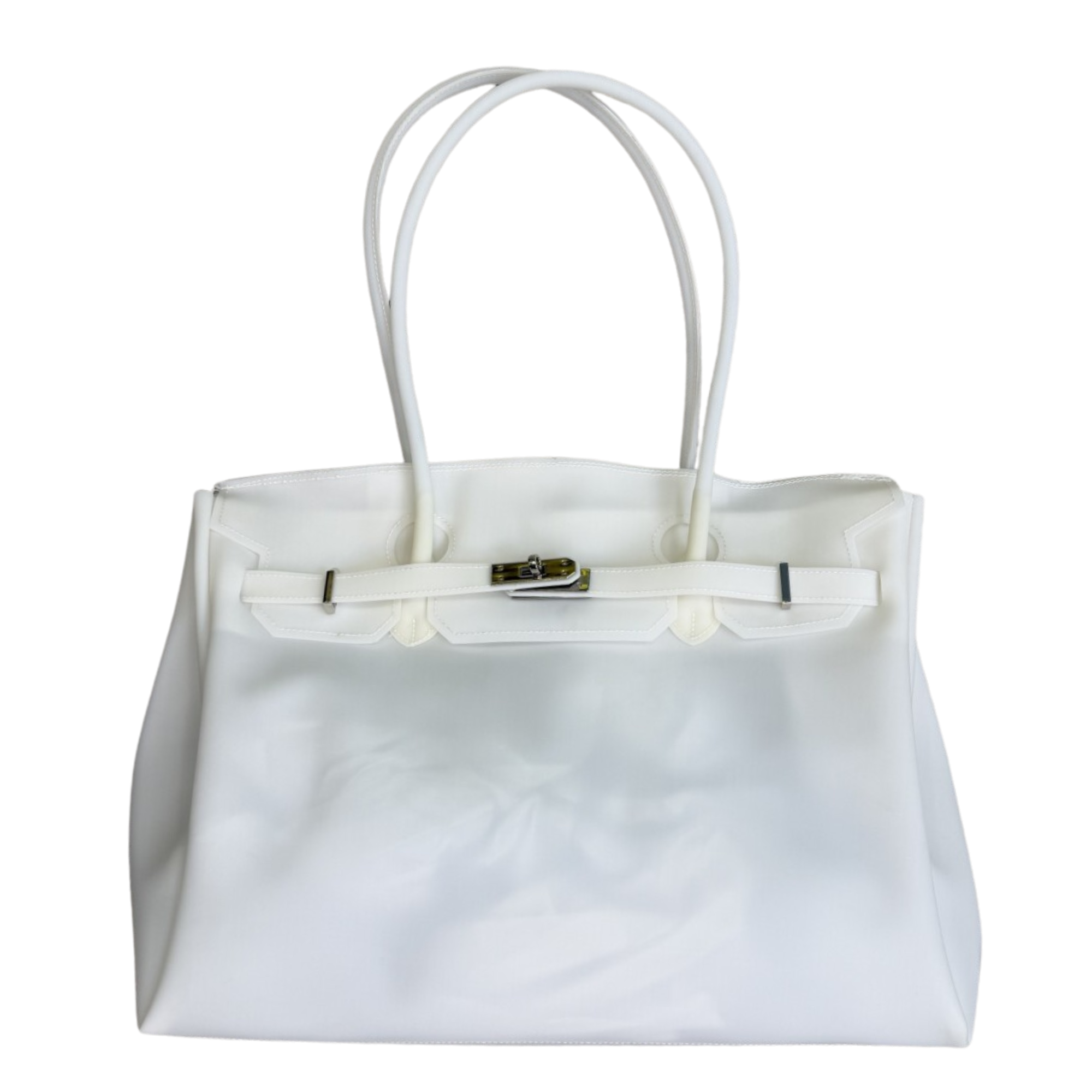 White handbag with a silver clasp on a white background