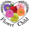 Heart-shaped design with colorful flowers and 'Flower Child' text on a white background